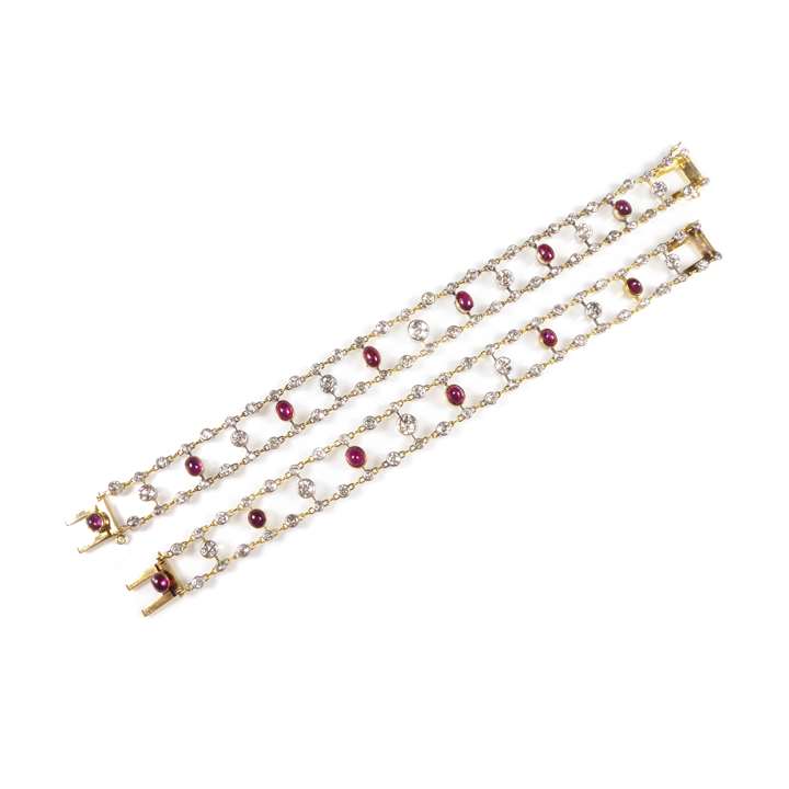 Pair of late 19th century cabochon ruby and diamond two row bracelets